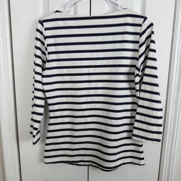 J.McLaughlin XS Striped Boatneck Top Metallic Gold Button Accent Navy White - Picture 6 of 7